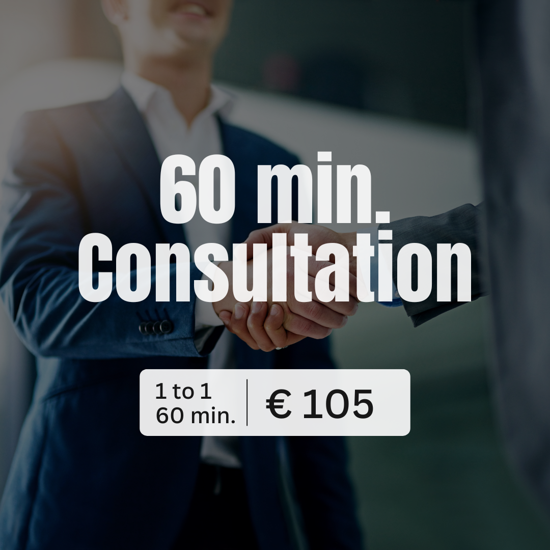 60-minute business consultation handshake image, expert coaching for entrepreneurs, cost €105.